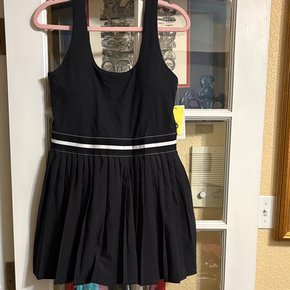 all in motion Black Tank Dress with White Waist Stripes